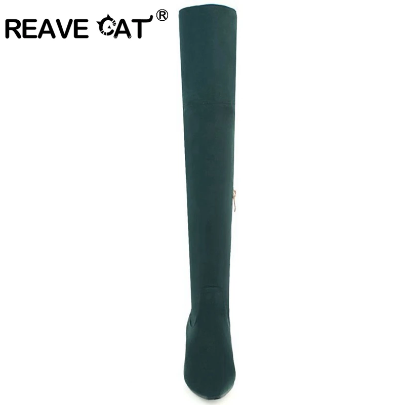 Reave Cat/Сапоги до колена сзади узел молния Для женщин сапоги на среднем каблуке из флока с острым носком модные, пикантные осень-зима одноцветное Большие размеры A112