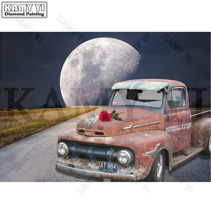 

5D DIY Алмазная картина "Луна и автомобиль и Роза" вышивка 100% полностью квадратная/круглая Алмазная Вышивка крестом Стразы мозаичная декорати...