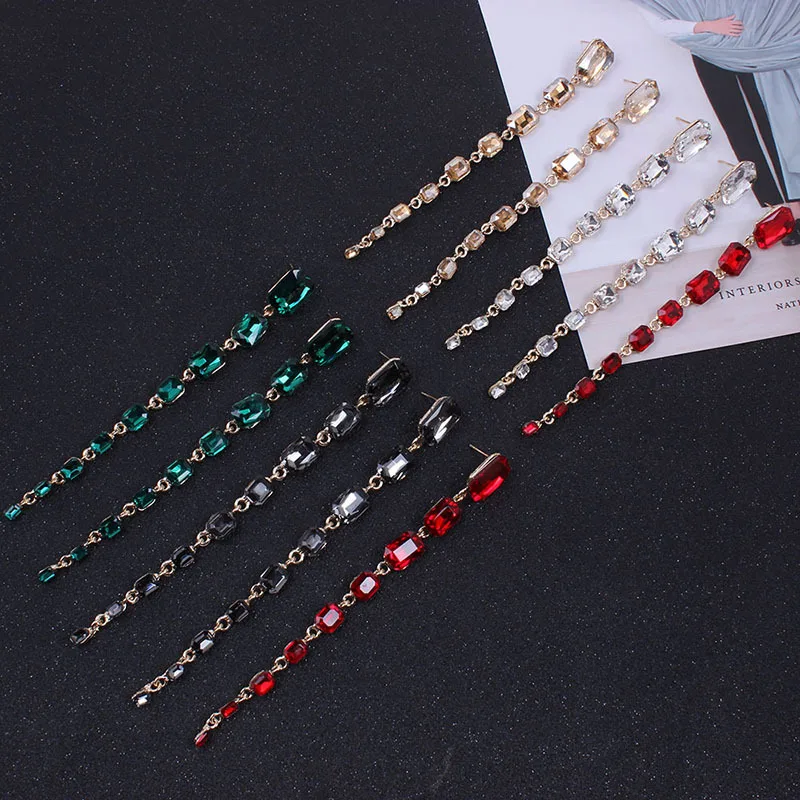 

Korean 5 Colors Fashion Geometric Long Earring Big Rhinestone Square Ear Stud Pendent For Women Girl Earrings Bijoux Brincos E71