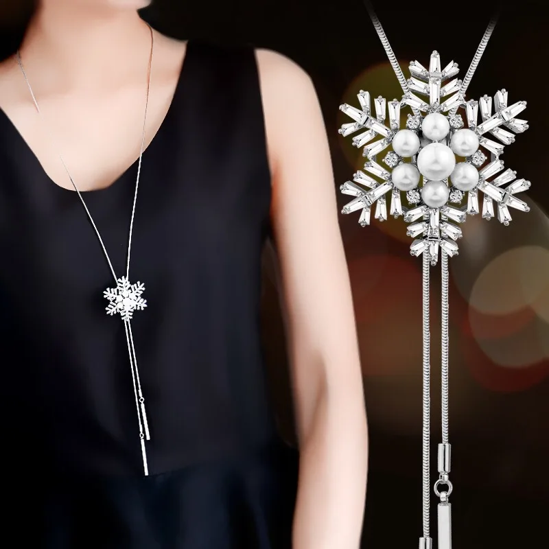 Snowflake Meyfflin Collier Femme, длинное ожерелье с искусственным жемчугом, модное женское колье Снежинка с кристаллами, подвеска, ювелирная цепочка, бижутерия, подарки - Окраска металла: Snowflake