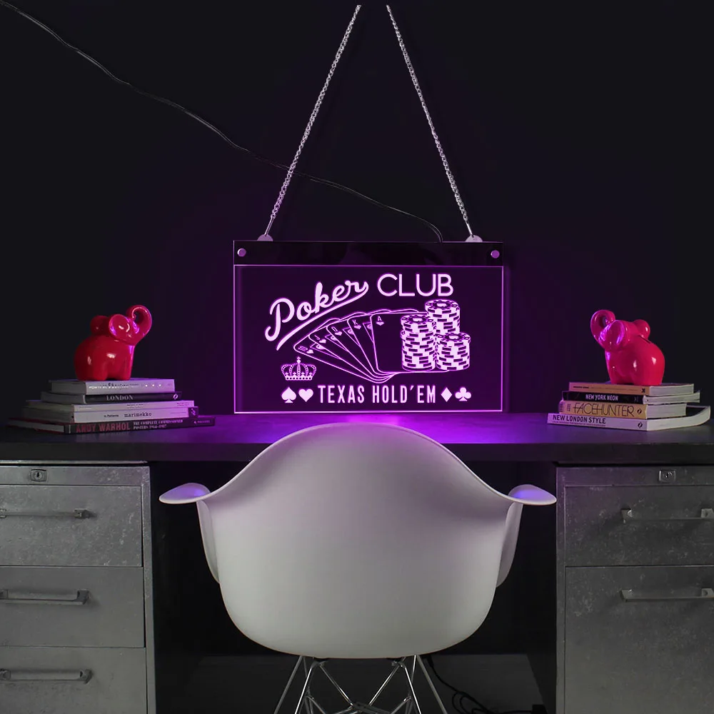 Poker Club Game Room LED Hanging Wall Sign Plaque Texas Holdɾm Chips And Gambling Acrylic Board Lighting Neon Signage | Дом и сад