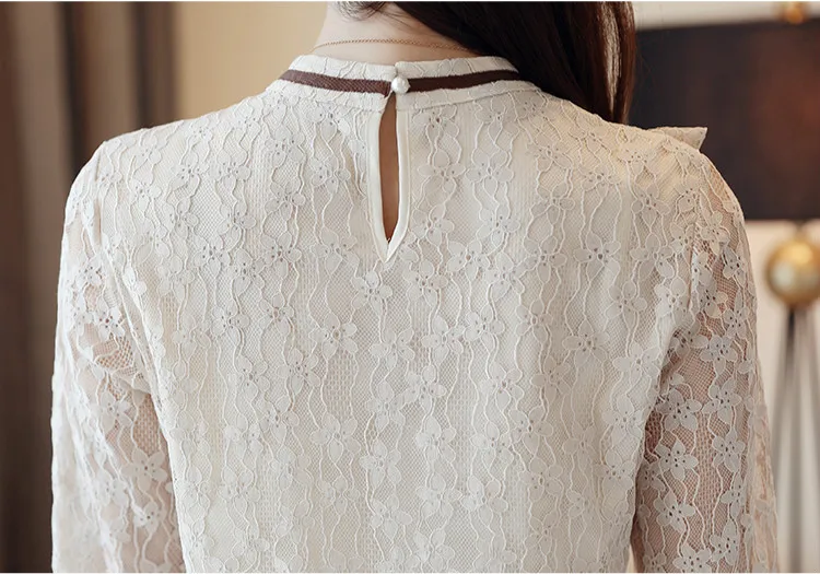 

2021 New autumn women blouse Korean style bow tie unlined lace shirt women top work wear lotus leaf Lace Chiffon blusa 1132 40