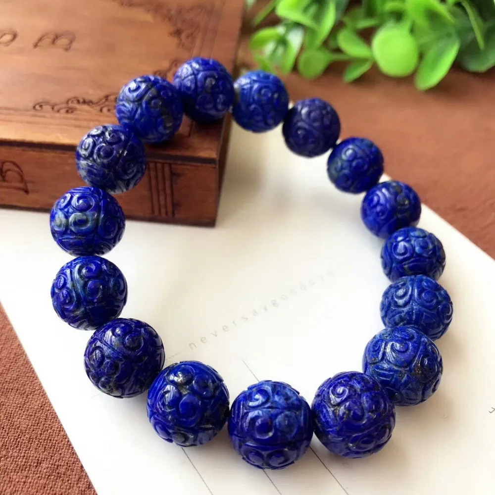 

13mm Genuine Natural Royal Blue Lapis Lazuli Gemstone Crystal Stretch Round Bead Bracelet Big Beads Craved AAAAA