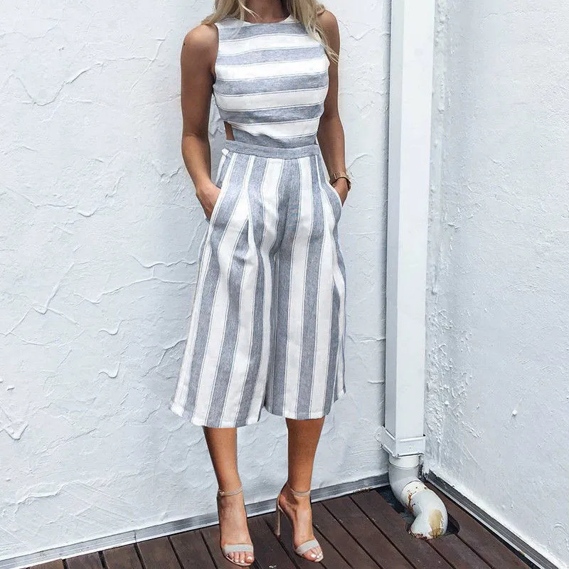 

Women's Gray And White Striped Sleevess Cottoned Long Jumpsuit Clubwear Office Lady Slightly open back Bodysuit