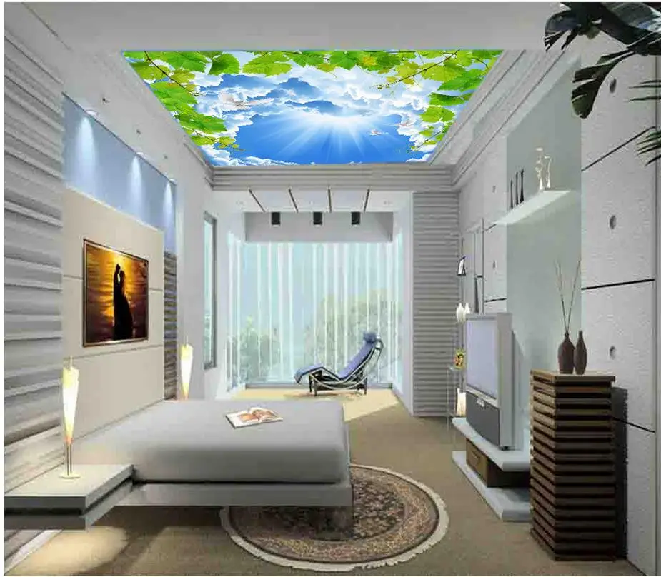 3D обои с голубым небом голубями лиственным потолком современные фрески для
