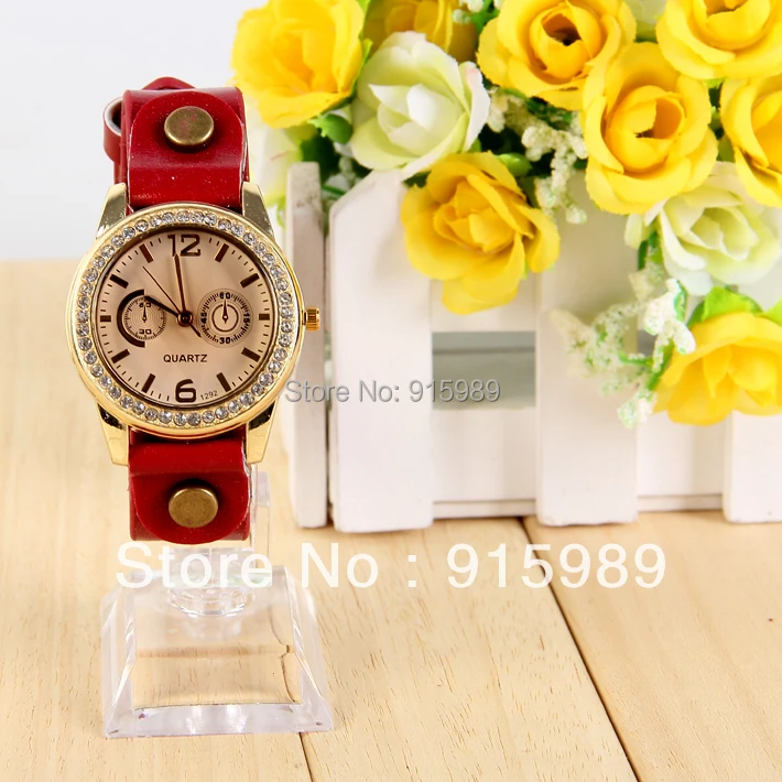 2013 Fashion Crystal Shinning Colored Ladies Wrist Watch Retro Quartz Dress PU Leather Free Shipping 100pcs | Наручные часы
