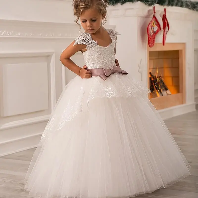 Princess Ball Gown Lace Flower Girl Dresses Big Sash Floor Length Girls Pageant First Communion | Свадьбы и торжества