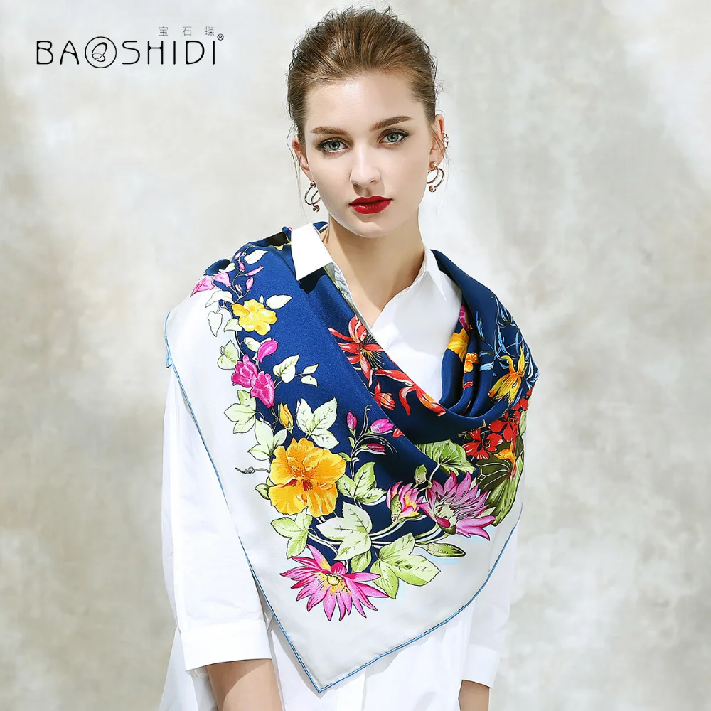 

Женский шарф из 100% шелка BAOSHIDI, шарф из твила с цветочным узором, Элегантная Шелковая шаль, осень 2017