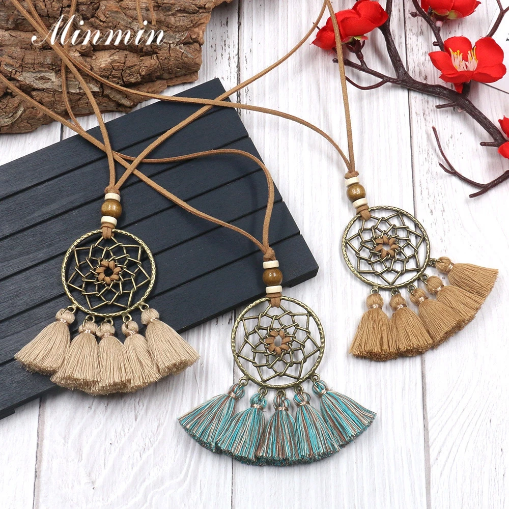 Minmin Indian Ethnic Big Dreamcatcher Pendant Long Leather Rope Necklaces Women Bohemian Tassel Fashion Jewelry MXL159 | Украшения и
