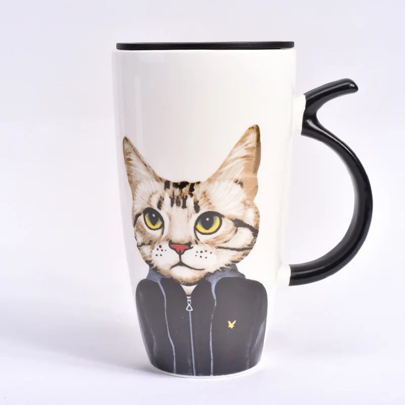 Black cat Крутая керамическая кофейная кружка с крышкой, большая емкость 600 мл, кружки с животными, креативная посуда для напитков, чашки для кофе, чая, новые подарки, чашка для молока - Цвет: Black cat