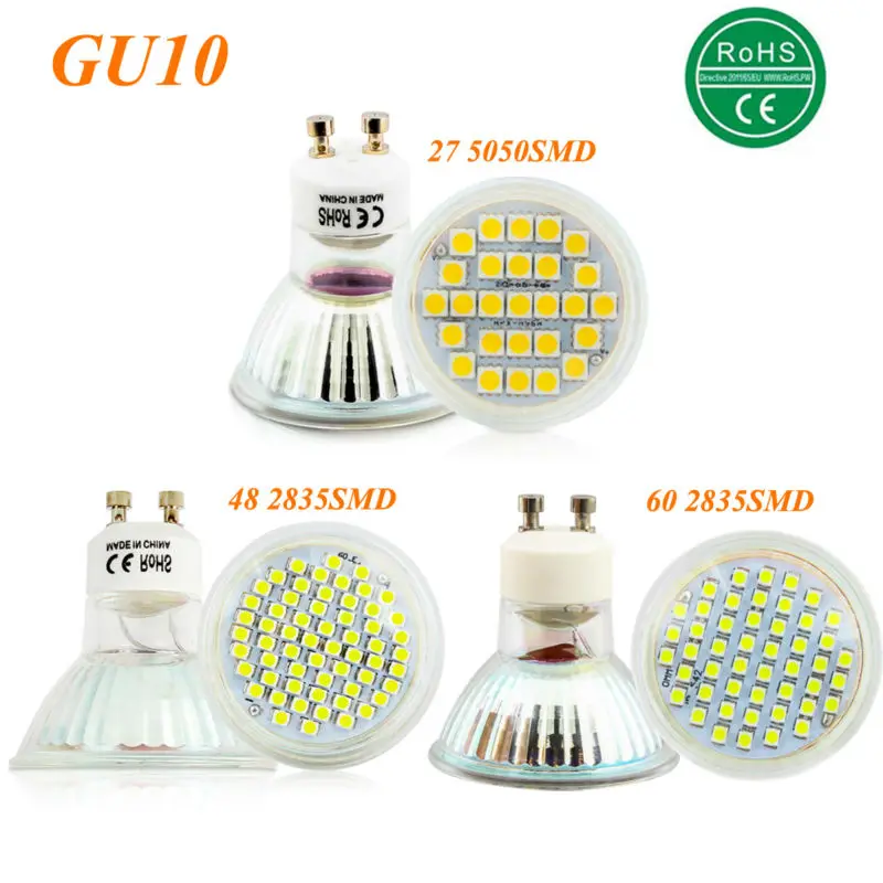 GU10 5W 6W 7W СИД SMD 3528 27 48 60 светодиодов светильник лампа с Стекло крышка теплый белый