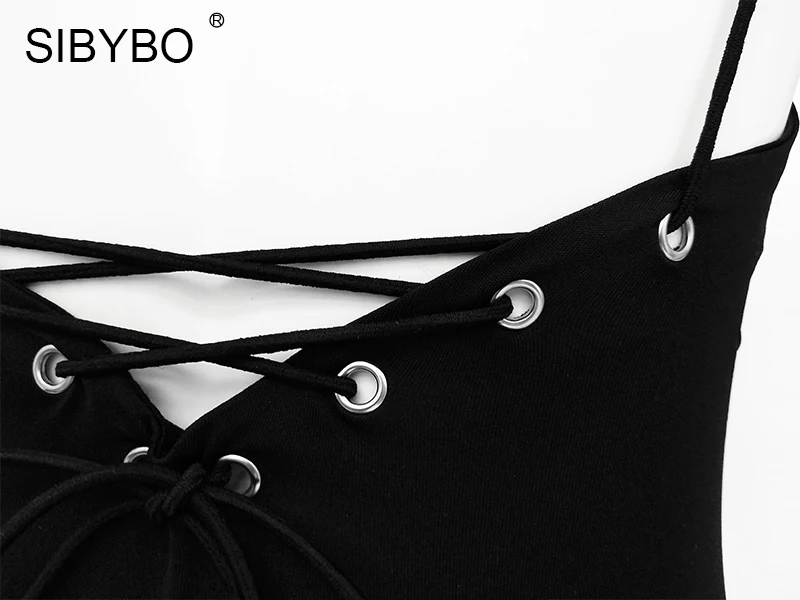 Sibybo, сексуальный женский комбинезон на шнуровке, лето, открытая спина, глубокий v-образный вырез, тонкий комбинезон, Облегающий комбинезон, женские комбинезоны, топы