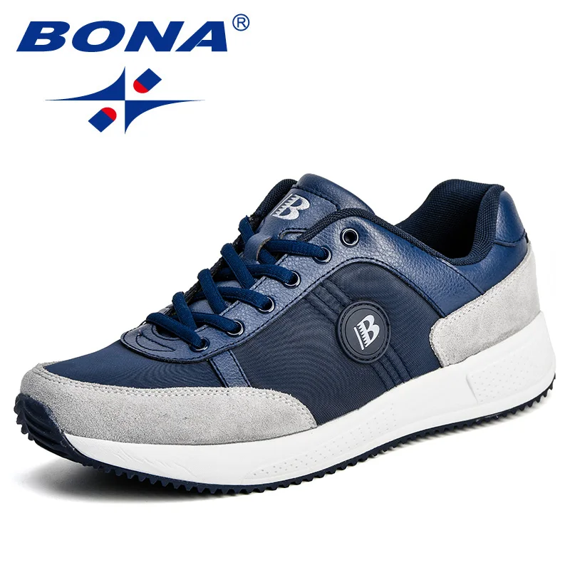 Deep blue light grey BONA/Новинка; классические стильные мужские кроссовки; замшевая сетчатая Мужская Спортивная обувь; обувь для бега на открытом воздухе; удобный мягкий светильник; - Цвет: Deep blue light grey