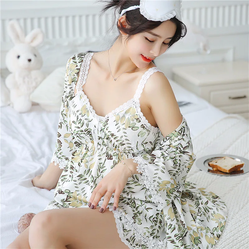 Freshing Summer Ice Silk Camisole Pajamas Three-piece Woman Sexy Printing Korean Fashion Sleepwear | Женская одежда