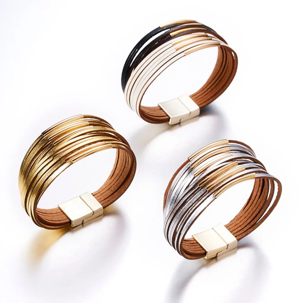 

Bohemian Leather Wrap Bracelets For Women Gold Silver Color Multiple Layers Charm Bracelet & Bangle Party Fashion Jewelry