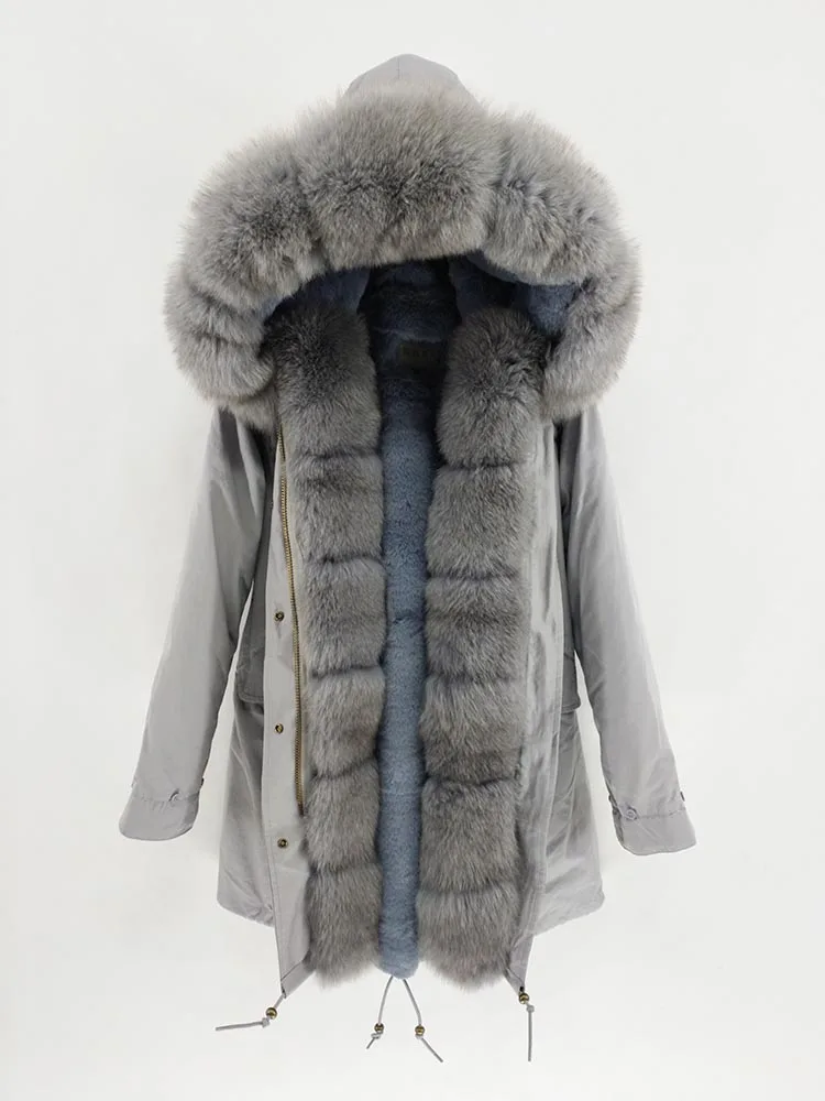 gray fur Непромокаемая Длинная зимняя парка Куртка женская Меховое пальто Воротник мех лисы Теплая уличная мода новая - Цвет: gray fur