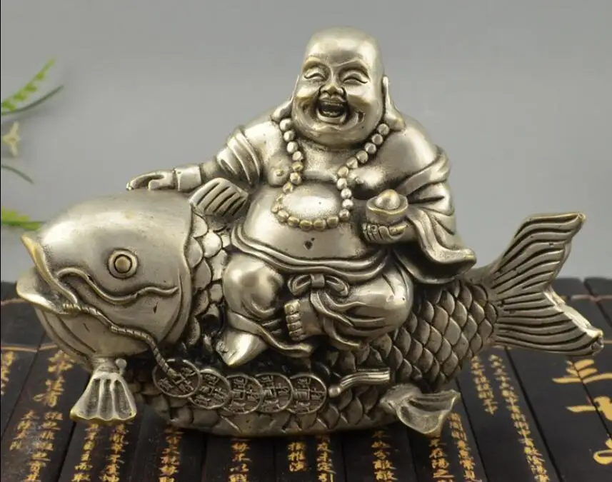 

Китайская Серебряная бронзовая счастливая статуя Будды Maitreya Monk Ride Fish