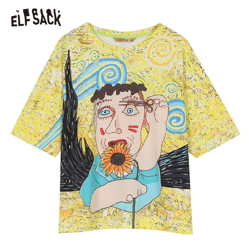 Многоцветный Женские свободные топы из хлопка ELF SACK, повседневная уличная женская футболка большого размера, топы с аппликацией подсолнуха для весны и лета - Цвет: Многоцветный