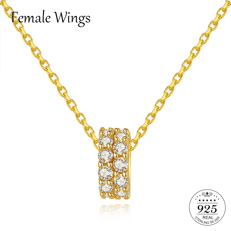 Female Wings 925 Sterling Silver Double Row Full Zirconium Pendant Necklace Plated 18K Real Gold Clavicle Chain FN037 | Украшения и