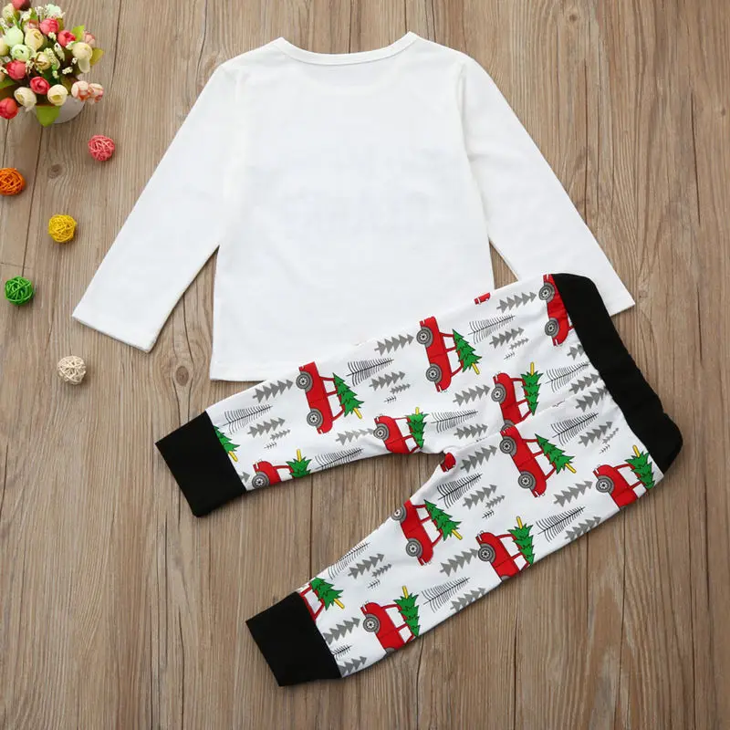 Brand Casual Children's Clothes Set Cute Spring Autumn Cotton Baby Boy Girls Clothing T-shirt Tops+Xmas Car Pant Outfits | Детская