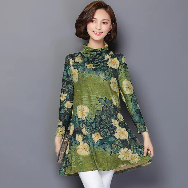 Плюс Размеры длинная туника блузка 2017 женская обувь весна Цветочный принт Для