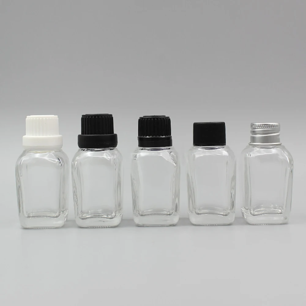 Glass Perfume Container, 100pcs 20ml Square Clear Bottle with Various Cap