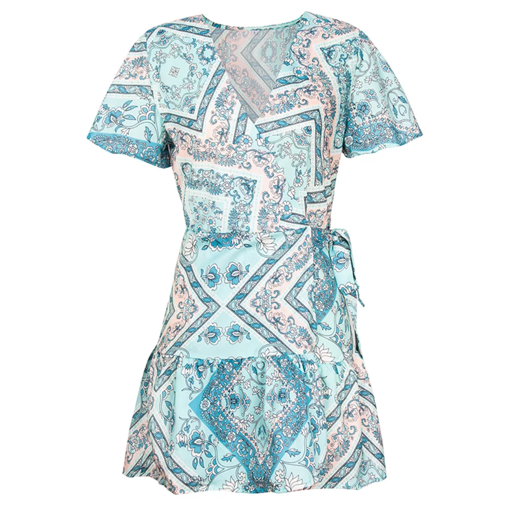 Женское платье с v образным вырезом и поясом плиссированное летнее Повседневное