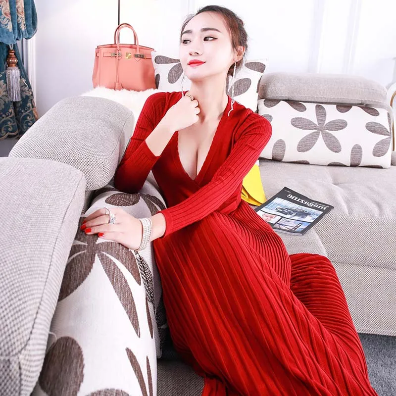 Женское длинное плиссированное платье-макси Черное Трикотажное вечернее платье