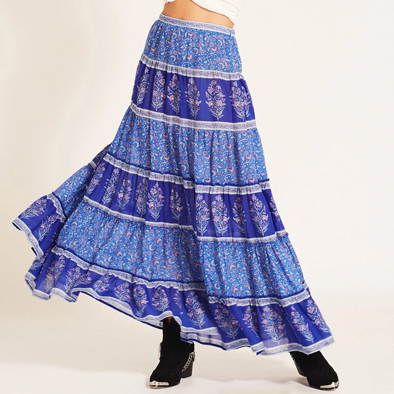 TEELYNN boho skirt 2018 autumn Rayon blue floral print large swing women beach wear Casual Hippie a-line long skirts falda | Женская
