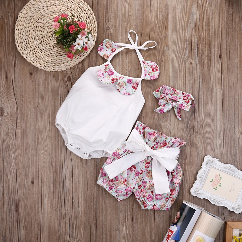 2017 Fashion Cute Baby Girls Sets Sleeveless O-Neck Covered Button Solid Floral Print Romper Tops Short Pant Headband 3PCS 0-24M | Мать и