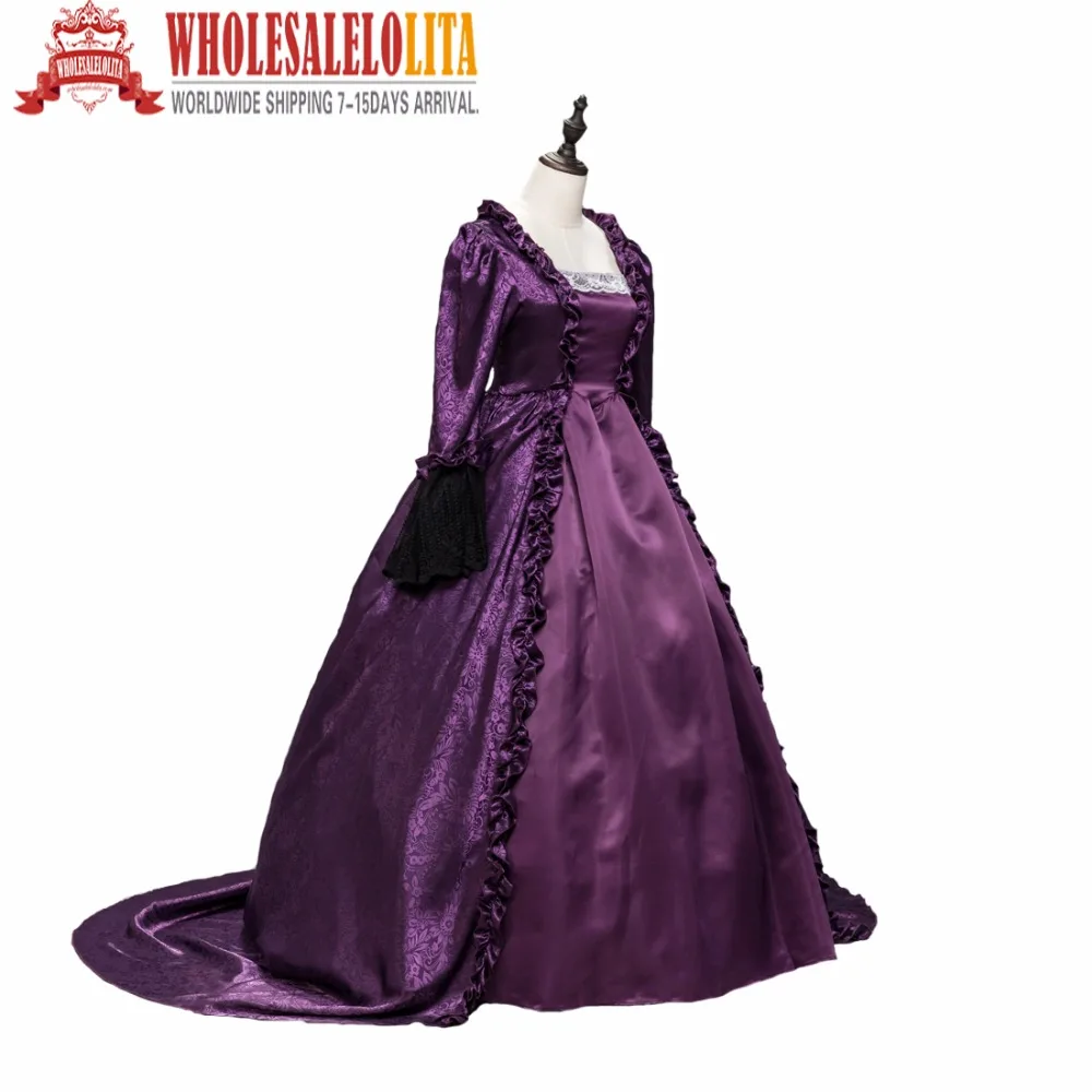 

Purple High Quality Renaissance Fair Dark Queen Elizabeth I Ball Gown Period Dress with Train Reenactment Costume