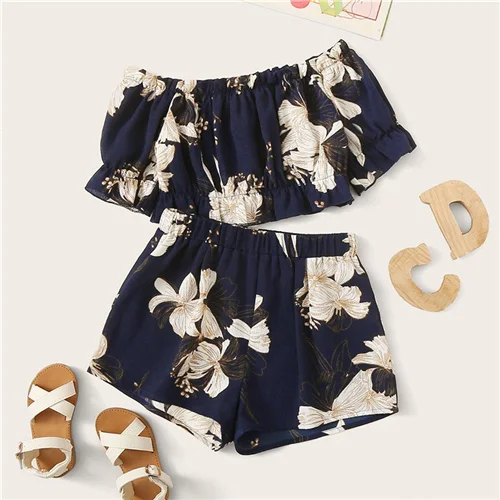 Navy SHEIN/детский комплект одежды для девочек: топ с открытыми плечами и шорты с цветочным принтом в морском стиле, лето, Детский комплект с короткими рукавами для отдыха - Цвет: Navy