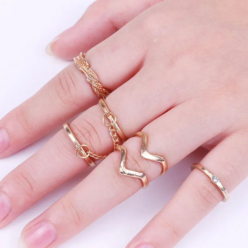 6pcs/set Punk Style Rings Gold Color Shiny Midi Finger Knuckle Charm Leaf Ring Set For Women Fashion Trendy Jewelry | Украшения и