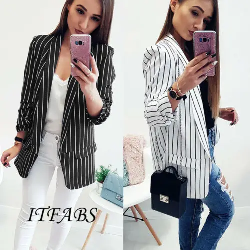Для женщин черный белый цвет костюм в полоску топы Стильный Button Blazer Тонкий куртки