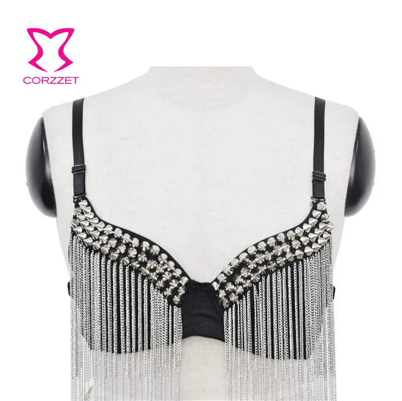 

Silver Rivet& Chain Steampunk Rock Sexy Bras For Women Bralett Push Up Bra Top Bralette Brassiere Femme Burlesque Dance Clubwear