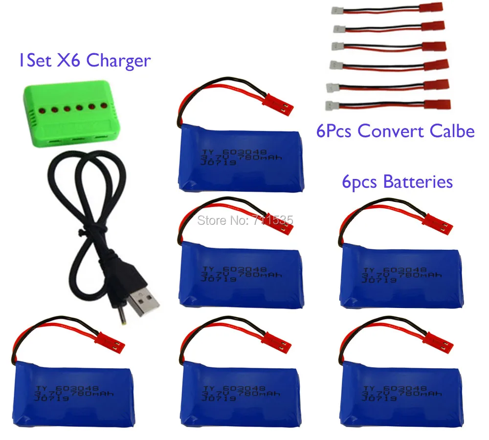 

6 шт. 3,7 в 780 мАч аккумулятор 6 в 1 зарядное устройство X6 + 6 шт. конверсионных кабелей для Wltoys V626 V636 V686 V686G V686J V686K RC Квадрокоптер