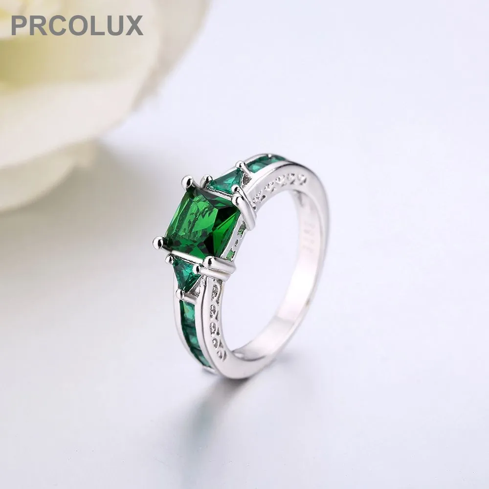 PRCOLUX Модные женские Принцесса Cut кольцо посеребренные зеленый CZ свадебные