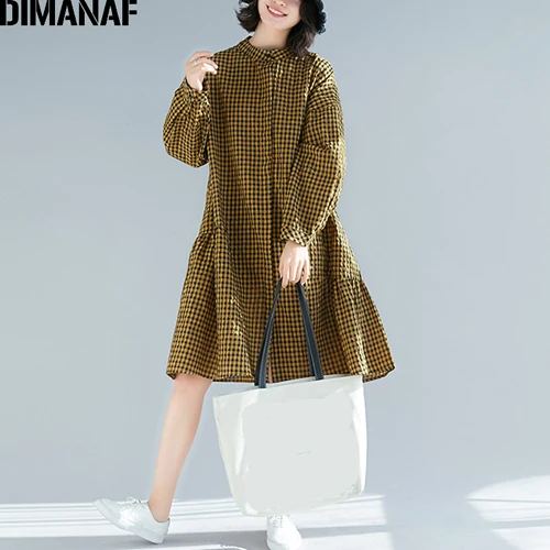 XXJ97074CN-huang DIMANAF размера плюс, женская блузка, рубашка, осень, длинный рукав, хлопок, лен, для девушек, Vestido, в клетку, свободная, повседневная, женская одежда, 5XL, 6XL - Цвет: XXJ97074CN-huang