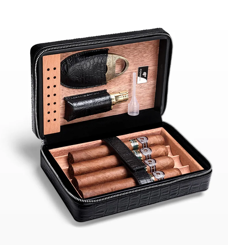 Cigar Case Humidor For 4 Cigars Cedar Wood Lined Leather Travel Cigar Humidor Humidifier Set Gift Box(No lighter cutter