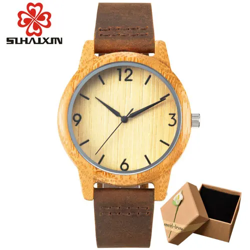 have box yellow SIHAIXIN бамбуковые деревянные часы Мужские лучший бренд класса люкс для мужчин и женщин кожаный ремешок Relogio Masculino дропшиппинг деревянные часы - Цвет: have box yellow