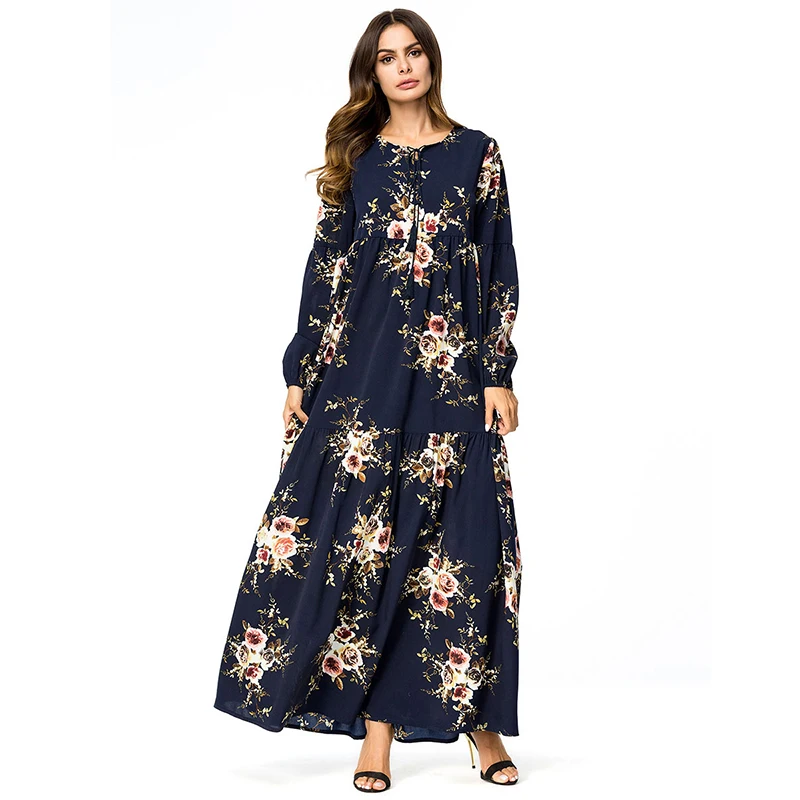 Повседневное Boho Плюс Размеры осень Цветочный Макси женское платье с длинным
