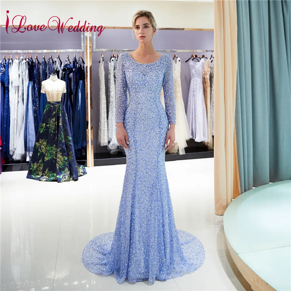 ILoveWedding роскошное вечернее платье небесно голубого цвета с крупными бусинами на