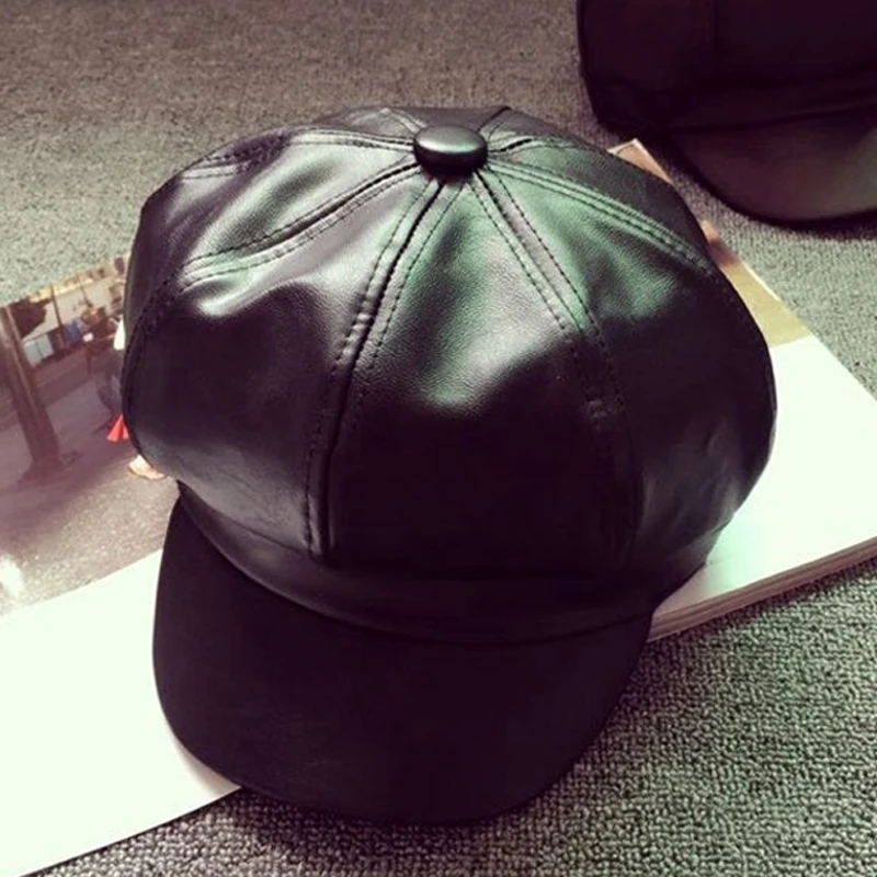 

MAXSITI U Spring Fall New PU Leather Octagonal Cap Black Newsboy Hat For Women Retro Literary Snapback Leisure Hat Accessories