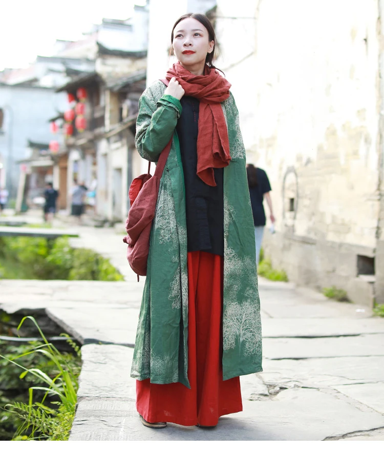 LZJN Autumn Women Trenchcoat Long Jacket Cotton Linen Duster Coat Vintage Chinese Windbreaker High Waist Ethnic Cardigan