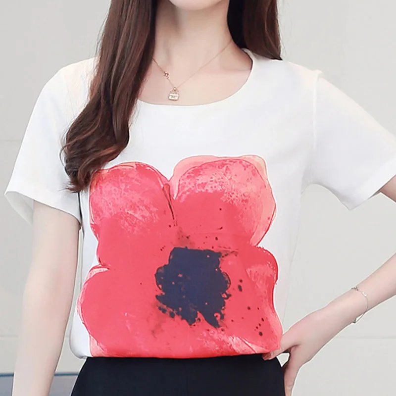 Fashion Women Shirts 2022 Ladies Tops White Shirt Chiffon Short Sleeve Floral O-neck Top For 4128 50 | Женская одежда