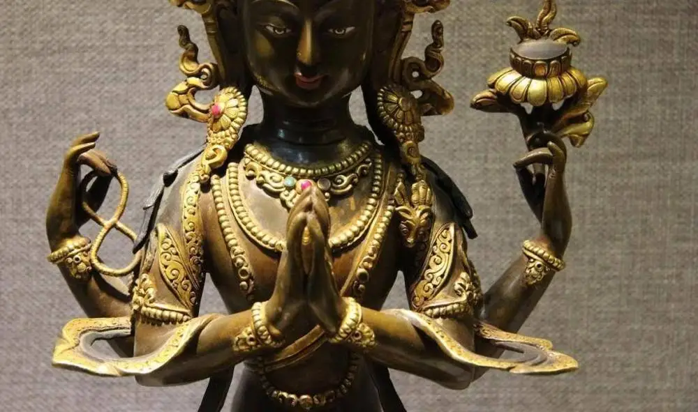 14 тибетская медная бронза 24K Золотая крышка четырехъядерный Avalokitesvara Guan Yin Buddha