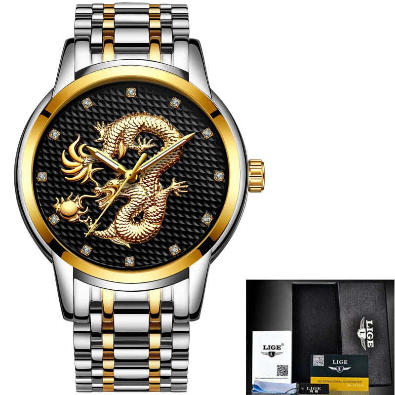Steel gold black Новинка, Брендовые мужские часы LIGE, модные спортивные военные кварцевые мужские часы из нержавеющей стали, водонепроницаемые золотые часы, мужские часы - Цвет: Steel gold black