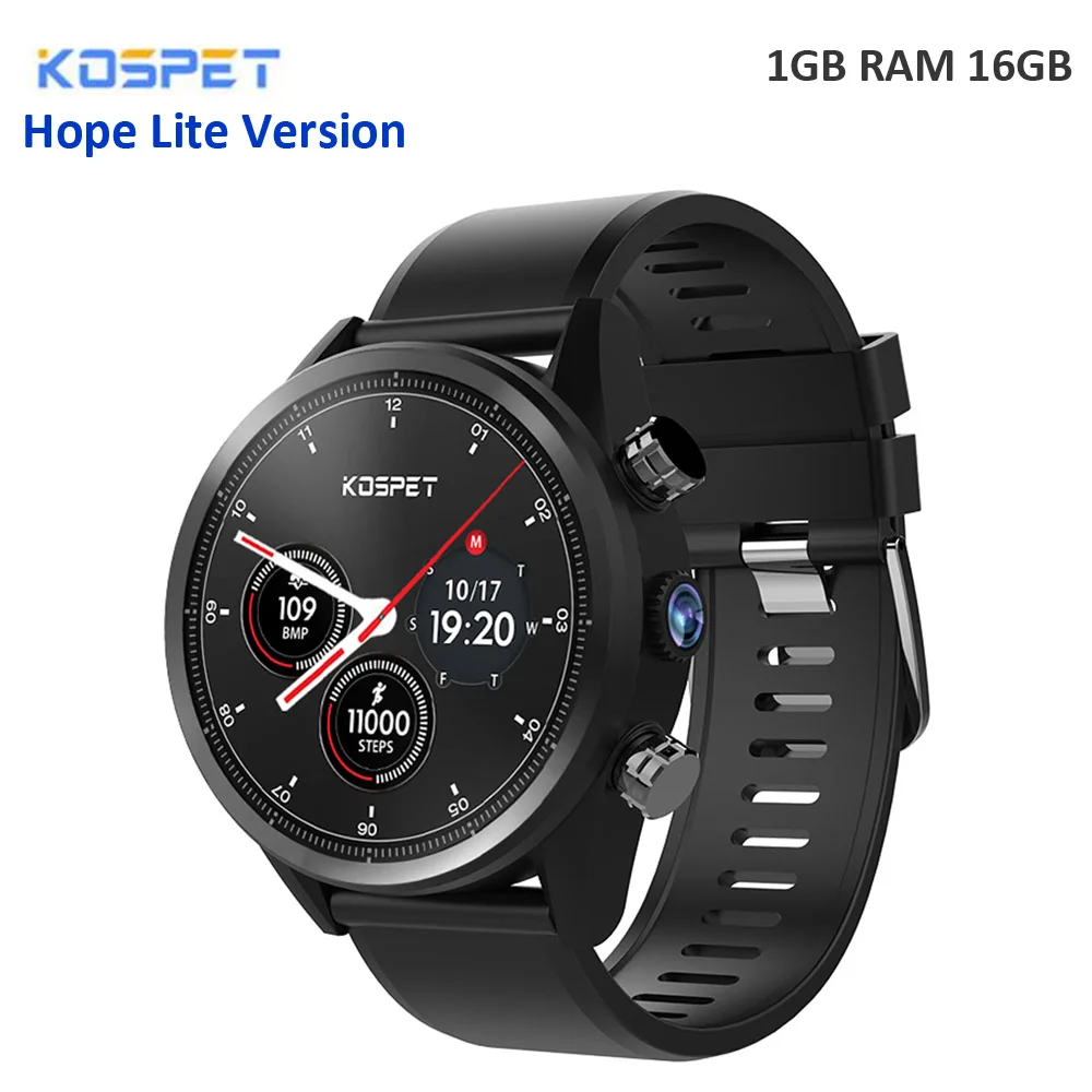 Kospet Hope 4G Smartwatch телефон 1,3" Водонепроницаемый Android 7,1 MTK6739 1,3 ГГц 3 ГБ 32 ГБ 8,0 МП камера Встроенный 620 мАч монитор сердечного ритма - Цвет: Black Hope Lite