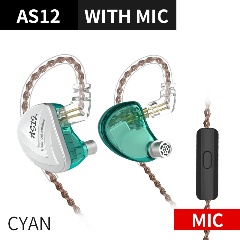 AS12 CYAN MIC Новинка KZ AS12 наушники 12BA сбалансированные арматурные диски HIFI бас наушники в ухо монитор гарнитура шумоподавление - Цвет: AS12 CYAN MIC