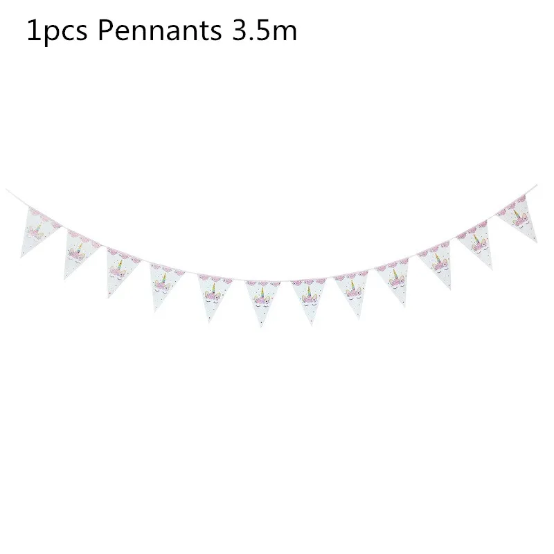 1pcs Pennants Вечерние украшения в виде единорога для девочек, топперы для торта на день рождения, тематические бумажные стаканчики в виде единорога, шляпы, салфетки, скатерть, Детские Подарочные вечерние принадлежности - Цвет: 1pcs Pennants